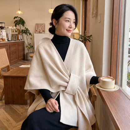 Frau im cremefarbenen Cape im Café